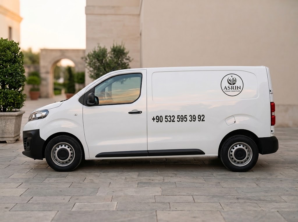 Asrın Cenaze funeral vehicle side view — logo and phone +90 532 595 39 92
